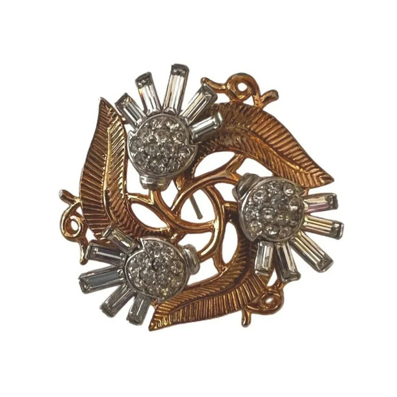 TRIFARI Signed CROWN Gold/Silver tone Clear Rhinestones Pin Brooch - Picture 2 of 4